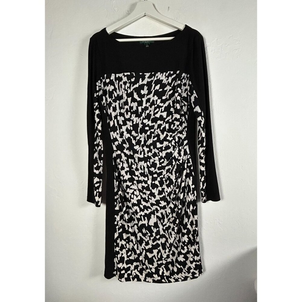 Lauren Ralph Lauren Dress Size 12 Black White Abstract Print Long Sleeve Stretch